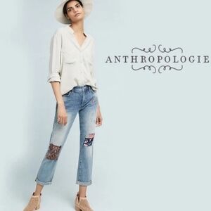 Pilcro Light Blue Straight-Leg Jeans with Patchwork Details. Size 28